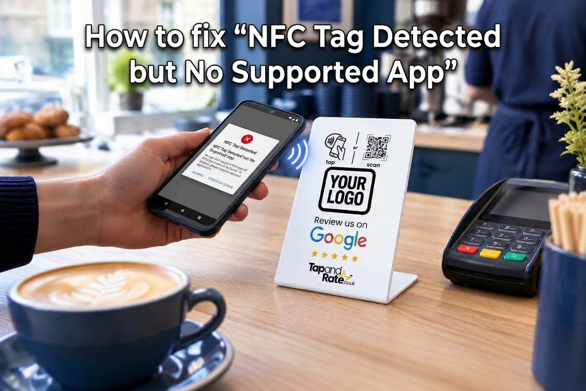 Phone tapping an NFC review stand.