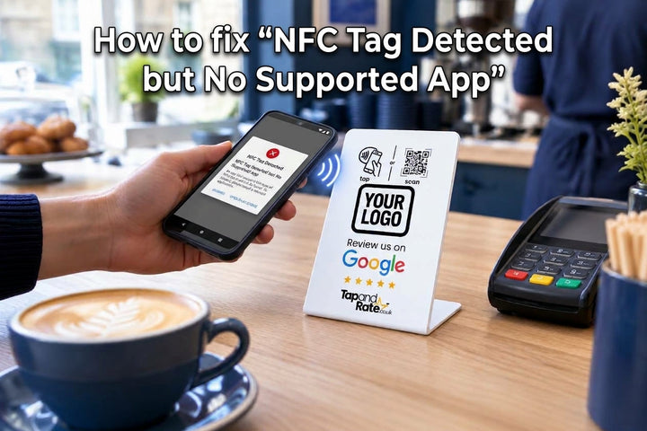 Phone tapping an NFC review stand.