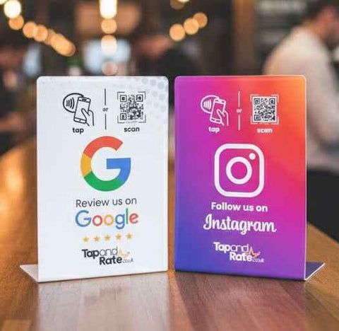 Google review and Instagram NFC stands on a table