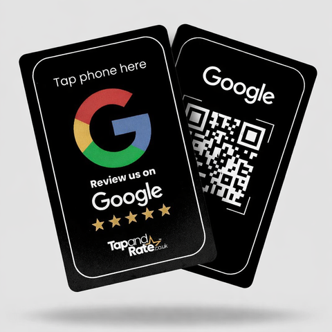 Black Google review NFC card with QR code on the back