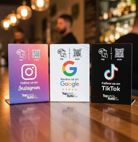 Instagram, Google review and TikTok NFC stands on a bar counter