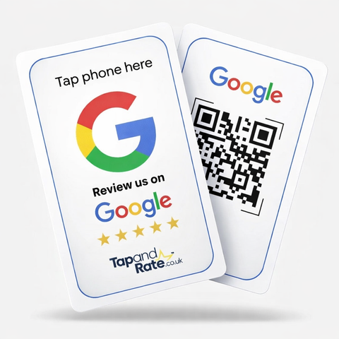 White Google review NFC card with blue border and QR code on the back