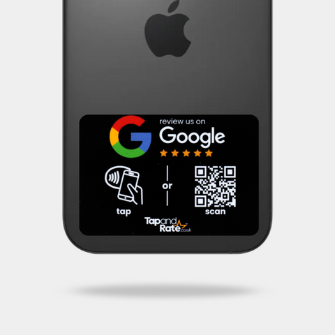 Black Google review NFC phone tag with tap or scan QR code on the back of a phone
