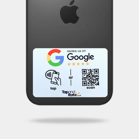 White Google review NFC phone tag with tap or scan QR code on the back of a phone