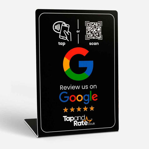 Black Google review NFC stand with tap or scan QR code