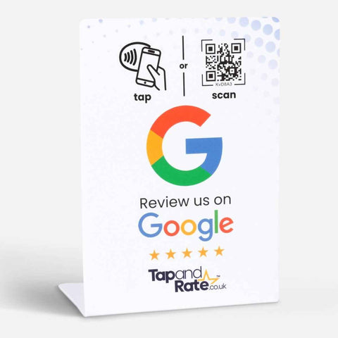 White Google review NFC stand with tap or scan QR code