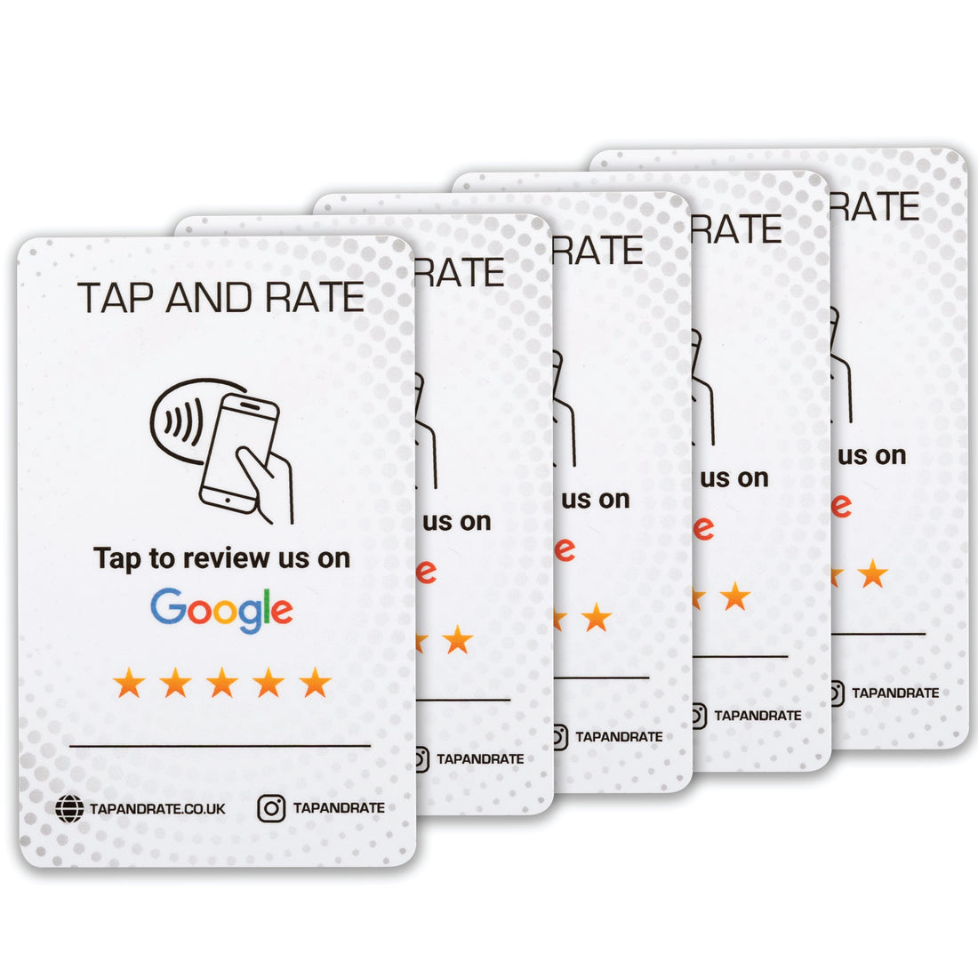 NFC Enabled Google review cards x 5. Best chip, premium quality. Customers can leave you a google review with just one simple tap. No searching or finding your business, comes preprogramed to your business so all the customer has to do is tap their phone and leave a review. Ready to use out of the box! Start getting more 5 Star reviews today. Get more Customer with this simple to use product. Tap and Rate